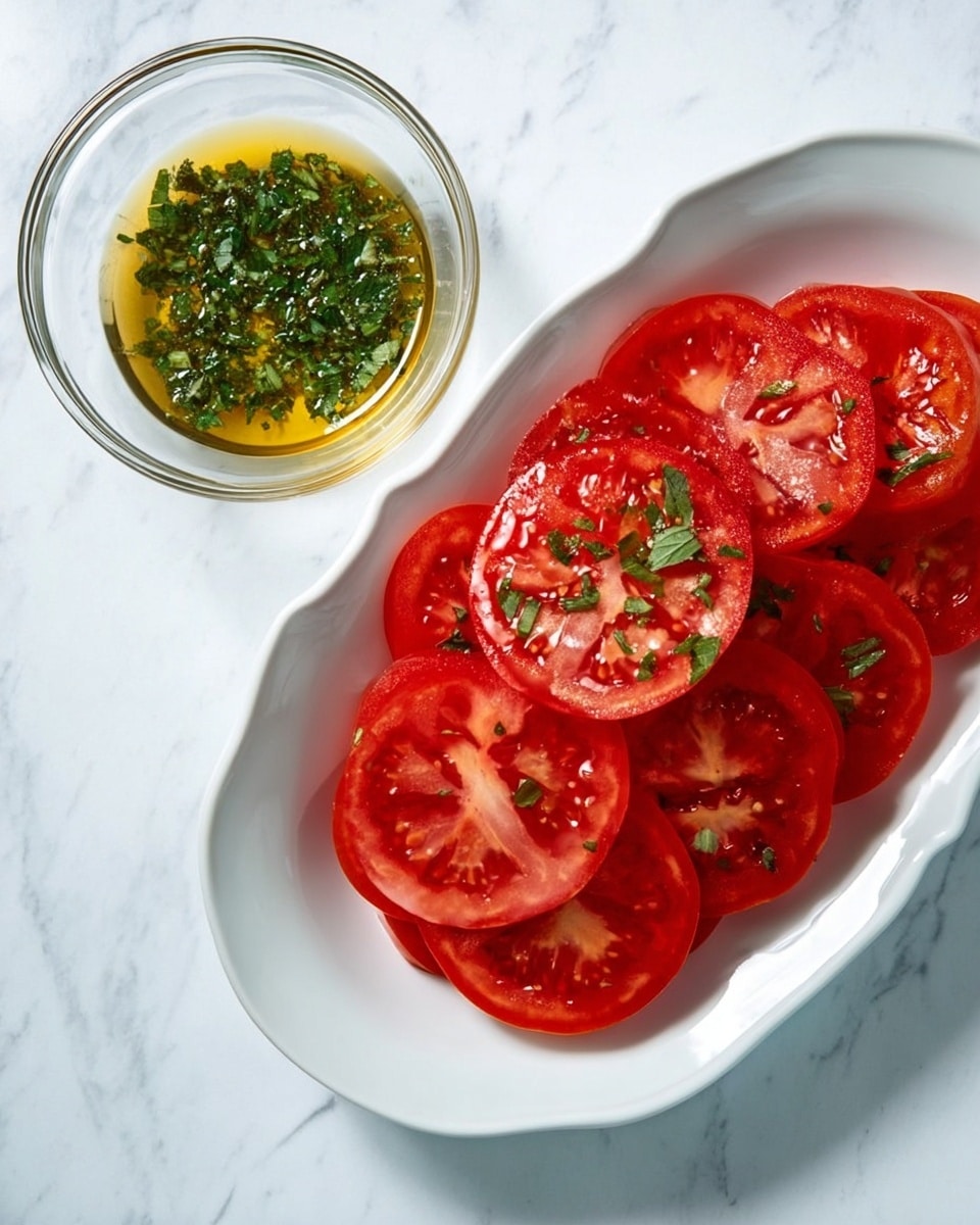 The image shows a white oval plate filled with two layers of bright red tomato slices that are fresh and juicy, with visible seeds and a slightly shiny texture. Next to the plate, there is a clear glass bowl containing a golden yellow liquid mixed with chopped green herbs, including basil, giving a fresh and vibrant contrast. The setup is placed on a white marbled surface, enhancing the fresh and clean look of the ingredients. photo taken with an iphone --ar 4:5 --v 7