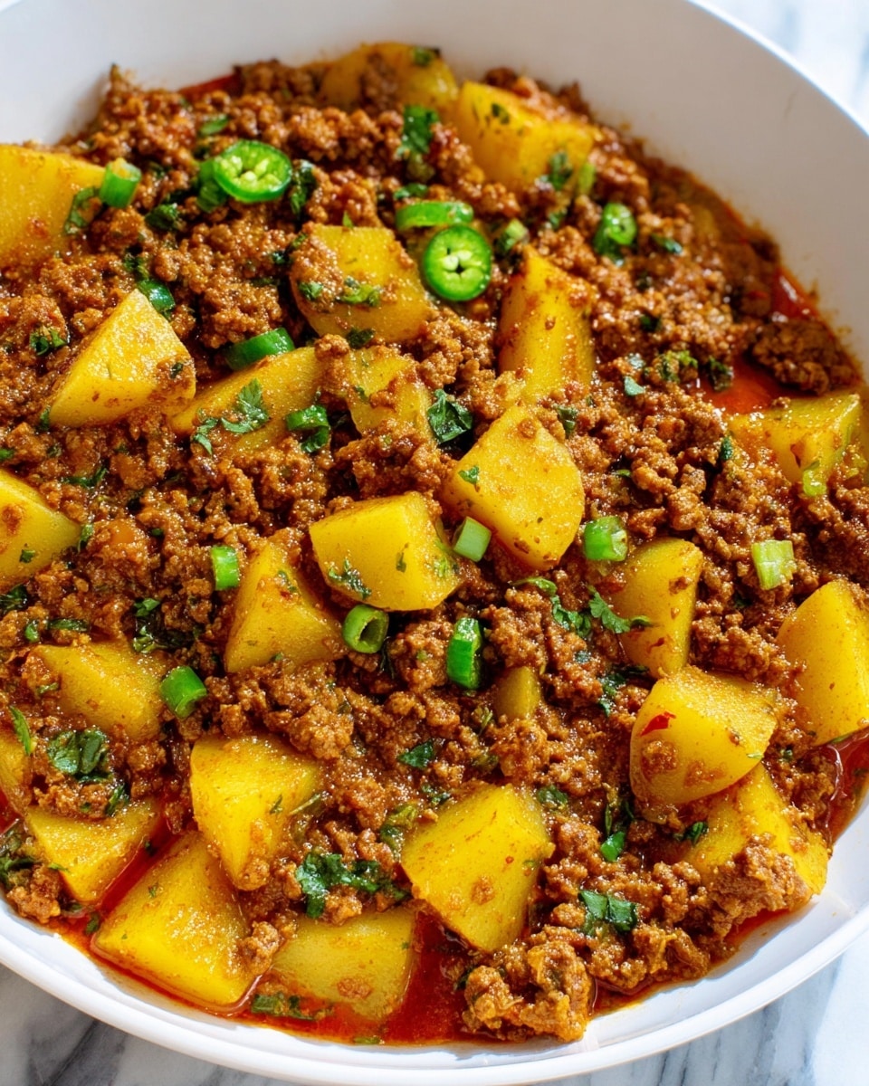 A close-up view of a white bowl filled with a dish made of cooked ground meat and yellow potato chunks, mixed in a rich, reddish-brown sauce. The ground meat is crumbly and moist, evenly spread throughout the dish, while the potato pieces are firm and cut into uneven small chunks, scattered smoothly on top and between the meat. Small bits of chopped green herbs and sliced green peppers are distributed lightly across the dish, adding splashes of green. The dish sits on a white marbled surface, and there is no visible background. Photo taken with an iphone --ar 4:5 --v 7