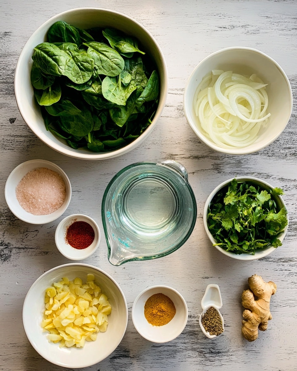 The image shows seven white bowls and a clear glass measuring cup with water, all placed on a white marbled surface. Starting from the top left, there is a large bowl filled with fresh green spinach leaves. To its right, a medium bowl contains thin, curved slices of white onion. Below that is a small bowl with light pink salt and a small amount of red powder spice. To the right of the spice bowl is a bowl filled with fresh green herbs, likely cilantro. In the bottom center, a glass measuring cup holds clear water. Directly above the water, a medium bowl contains yellow chopped garlic pieces. To the left of the garlic bowl, a white dish holds a mix of light yellow powder and white powdery substances. Finally, a tiny bowl beside that contains two different ground spices, one yellow and one brown. A piece of ginger root is placed between the bowls near the middle. The bowls and ingredients are neatly arranged, showing a variety of colors and textures. Photo taken with an iphone --ar 4:5 --v 7