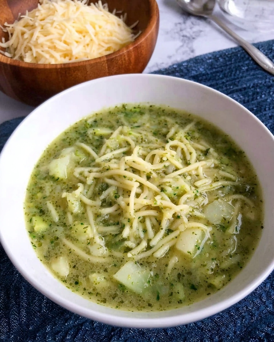 A white bowl filled with a green soup that has a smooth, slightly chunky texture, showing pieces of pale green vegetables and short, thin yellow noodles evenly spread throughout the soup. Behind the bowl, there is a wooden bowl full of shredded pale yellow cheese. The surface underneath is a white marbled texture with a dark blue cloth nearby. Photo taken with an iphone --ar 4:5 --v 7