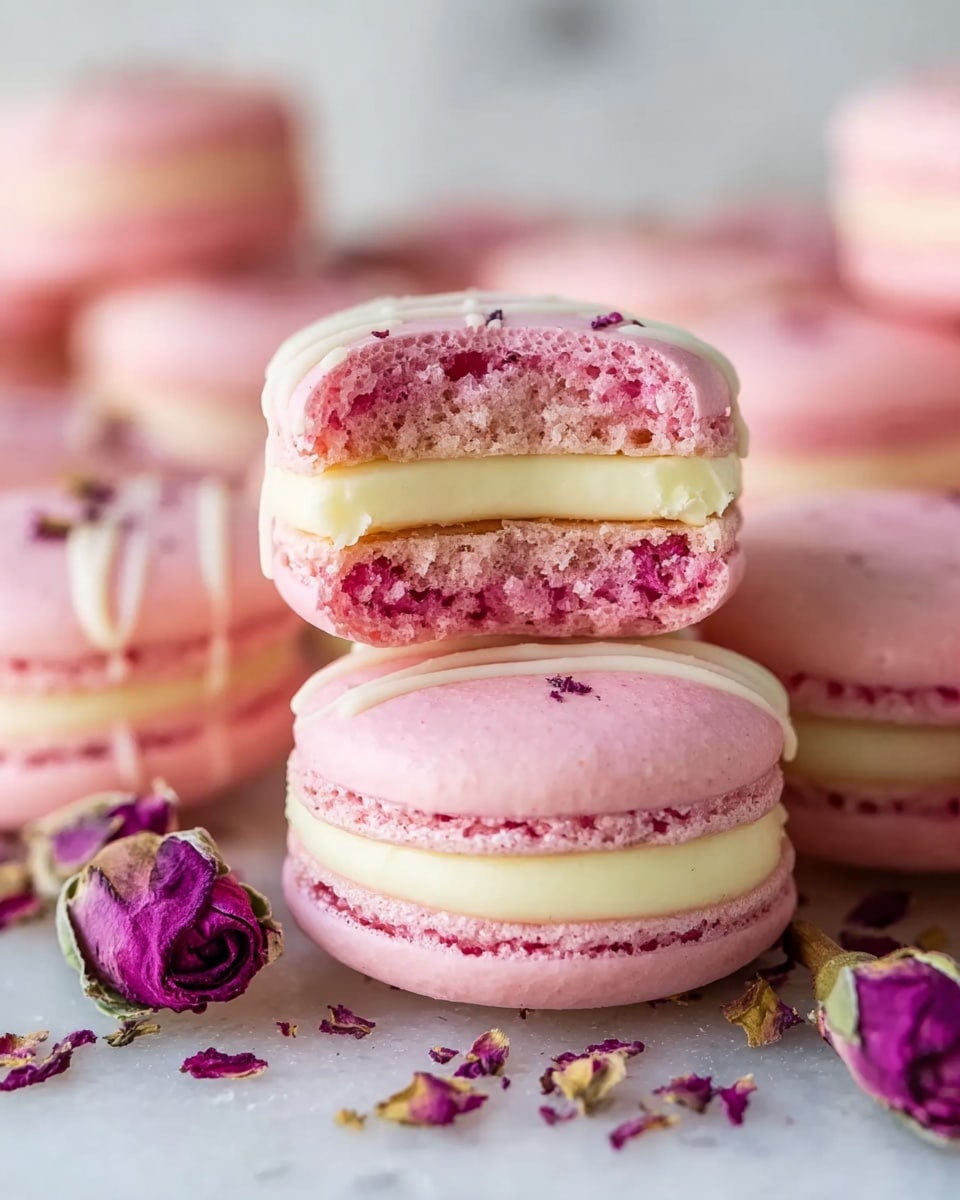 The image shows a close-up of pink macarons stacked on a white marbled surface. Each macaron has two smooth, round pink shells with a light cream filling in the middle layer. The top macaron is cut in half to reveal the three distinct layers: the soft, pink cookie shell on top and bottom, and the pale yellow creamy filling in the center. Some macarons have light white drizzle on top, and small dried rose petals are scattered around, adding a delicate touch. Two dried purple rosebuds are placed near the macarons. The colors are soft with a smooth texture and the light shines softly on the macarons, making them look fresh and inviting. photo taken with an iphone --ar 4:5 --v 7