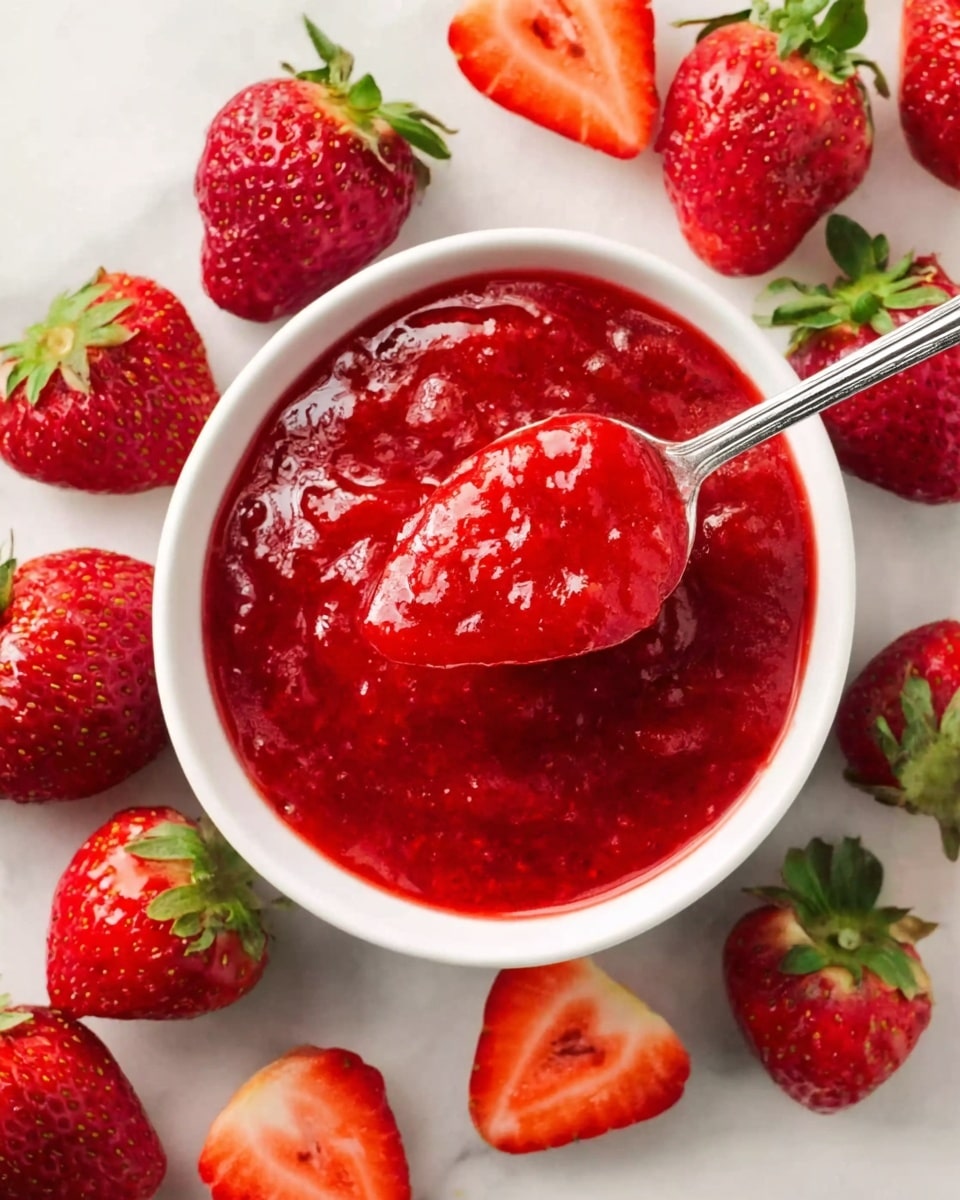A white bowl filled with bright red strawberry sauce that has a thick, slightly chunky texture sits in the middle. A silver spoon lifts from the bowl, showing the sauce’s shiny surface. Around the bowl, fresh strawberries with green leaves are scattered. Some strawberries are whole with a deep red color and a rough texture, while others are cut in half, showing their juicy, light red inside with small yellow seeds. Everything is placed on a white marbled surface. photo taken with an iphone --ar 4:5 --v 7