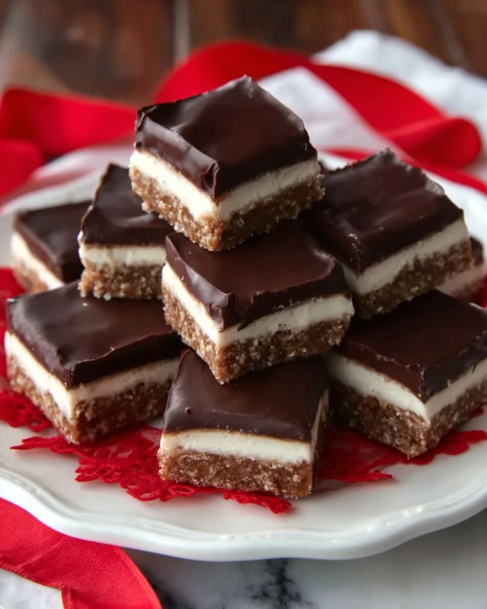 A pile of small square treats stacked high on a white plate decorated with red ribbon around the edges. Each treat has three layers: the bottom layer is a brown crumbly base, the middle layer is a smooth white cream, and the top layer is a shiny dark chocolate coating that covers the top and slightly drapes over the sides. The plate sits on a white marbled surface with a dark wooden background blurred behind. Photo taken with an iphone --ar 4:5 --v 7