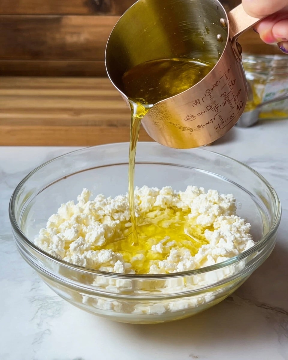 A clear glass bowl on a white marbled surface holds a crumbly white cheese that forms the bottom layer. A woman's hand is pouring a shiny, golden yellow liquid from a small metallic measuring cup marked