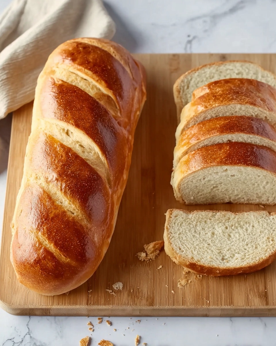 The image shows two long loaves of bread placed on a wooden board with a white marbled texture background. One loaf is whole with a golden brown, shiny crust featuring three curved slashes along the top, showing a smooth and slightly glossy texture. The second loaf, positioned to the right, is sliced into six thick pieces, revealing a soft, light beige interior with a fine crumb. There are small crumbs scattered around the sliced bread, and a light beige cloth is partially visible in the top left corner. Photo taken with an iphone --ar 4:5 --v 7