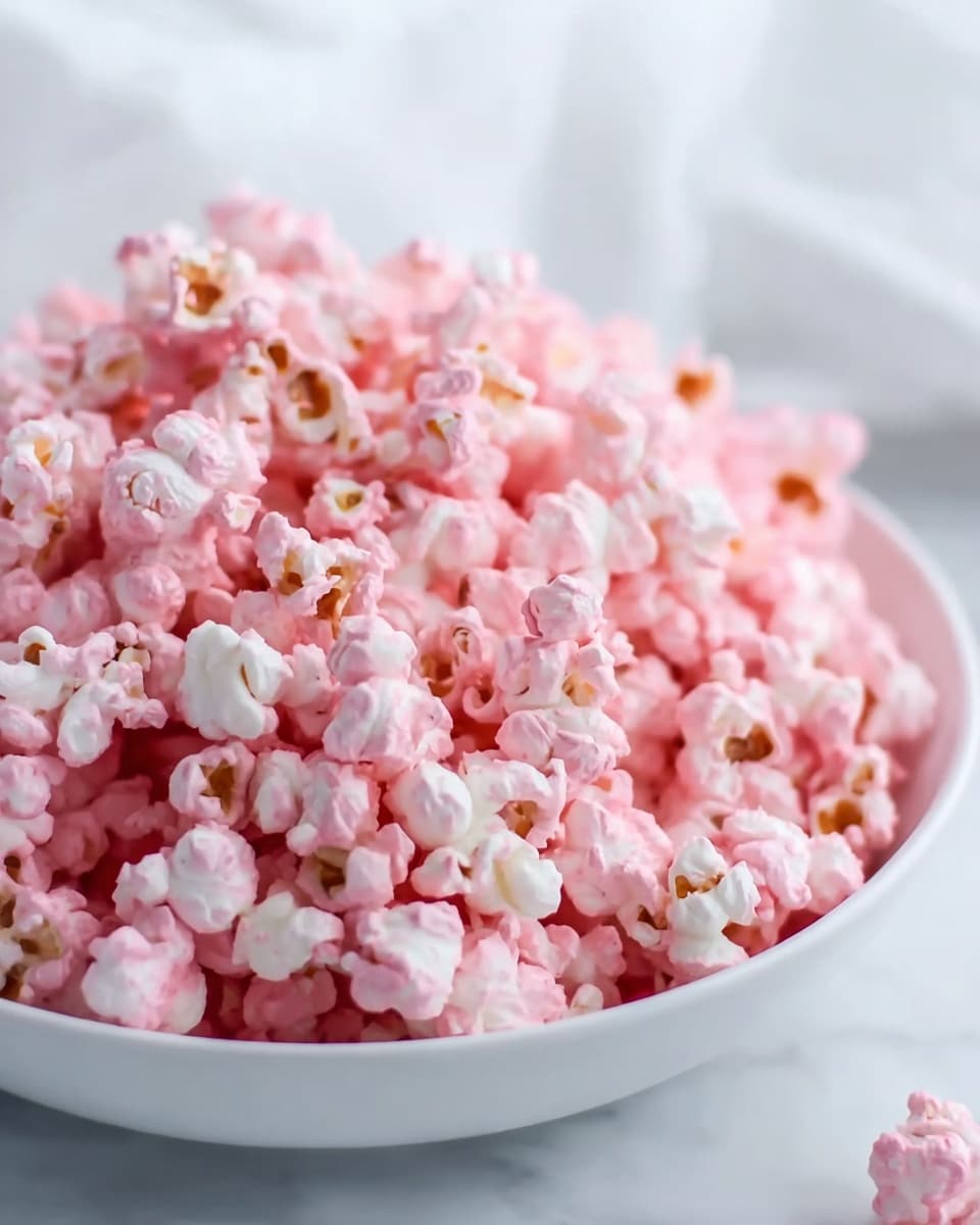 A white bowl filled with popcorn that is mostly covered in pink coating, giving it a soft and sweet look. The popcorn pieces vary in size and have some white parts peeking through the pink layer. The bowl is placed on a white marbled texture surface that adds a clean and smooth background to the image. The focus is tight on the popcorn, showing the fluffy and textured details of each kernel, some fully pink and some partly pink. The light is soft, highlighting the colors and textures without sharp shadows photo taken with an iphone --ar 4:5 --v 7