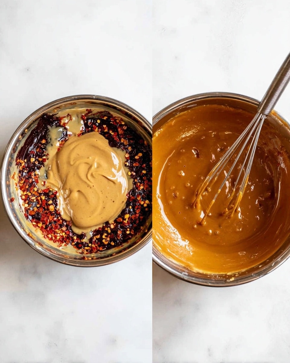 The image shows two side-by-side metal bowls placed on a white marbled surface. The left bowl contains thick layers with a dark sauce mixed with red chili flakes around the edges, topped with a large dollop of light brown creamy peanut butter in the center. The right bowl has a smooth, glossy caramel-brown sauce being whisked with a silver whisk. Both bowls have shiny metallic textures with reflections. Photo taken with an iphone --ar 4:5 --v 7