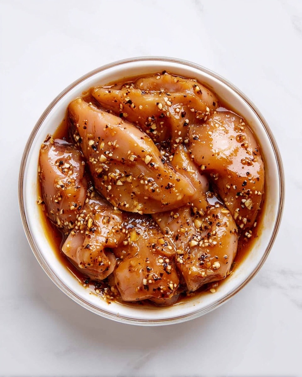 A round white bowl holds several pieces of raw chicken covered in a shiny, brown marinade that has visible black pepper specks and crushed garlic pieces. The chicken pieces are evenly coated in the sauce, which pools slightly at the bottom of the bowl, giving the dish a glossy look. The bowl sits on a white marbled surface, shown from above in clear natural light. photo taken with an iphone --ar 4:5 --v 7