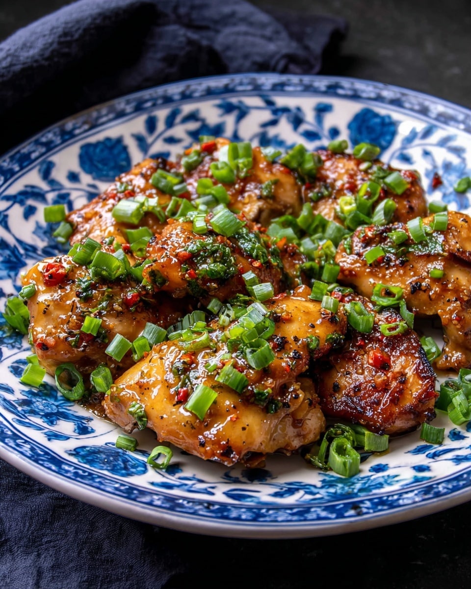A white plate with blue floral patterns holds several pieces of cooked chicken, each piece browned and shiny with sauce. The chicken is topped with chopped green onions, scattered evenly across, adding bright green color and freshness. The sauce glistens, giving the chicken a moist, rich look with specks of black pepper visible. The plate sits on a dark surface with a dark cloth in the background, contrasting with the bright colors of the food. photo taken with an iphone --ar 4:5 --v 7