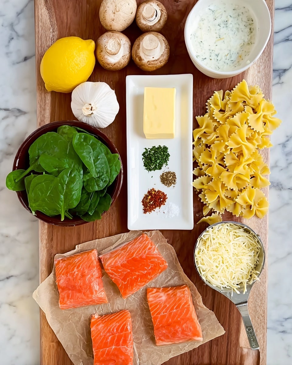 The image shows a wooden board with several ingredients neatly arranged on a white marbled surface. At the bottom, there are three pieces of raw salmon with orange-pink flesh placed on brown paper. Above the salmon, a white rectangular dish holds a yellow slab of butter, chopped green herbs, and four small piles of different spices in red and brown hues. To the right of that dish, there is a small pile of uncooked yellow bow tie pasta. Above the pasta, a white bowl contains a creamy white sauce. To the left of the bowl, three whole brown mushrooms and one still leafy green spinach are visible in the dark brown bowl. Toward the top left corner, there is half a lemon, a peeled white onion, a small bulb of garlic, and a metal measuring cup filled with shredded cheese. The board and all items are set on a white marbled countertop. photo taken with an iphone --ar 4:5 --v 7