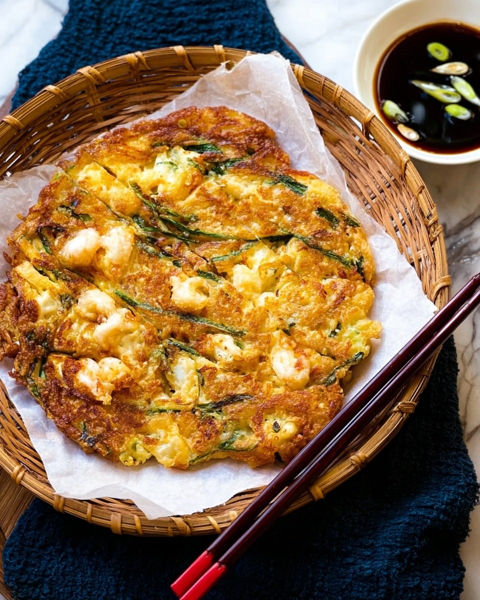 A close-up image shows a golden-brown pancake with visible green onion pieces, held by metal chopsticks above a small clear glass bowl filled with dark soy sauce mixed with chopped green onions. The pancake is square-shaped, slightly charred in spots, and looks crispy. In the background, a white plate holds several more similar pancakes arranged in a circle. The scene is set on a white marbled surface with a white cloth softly blurred in the background. The photo taken with an iphone --ar 4:5 --v 7