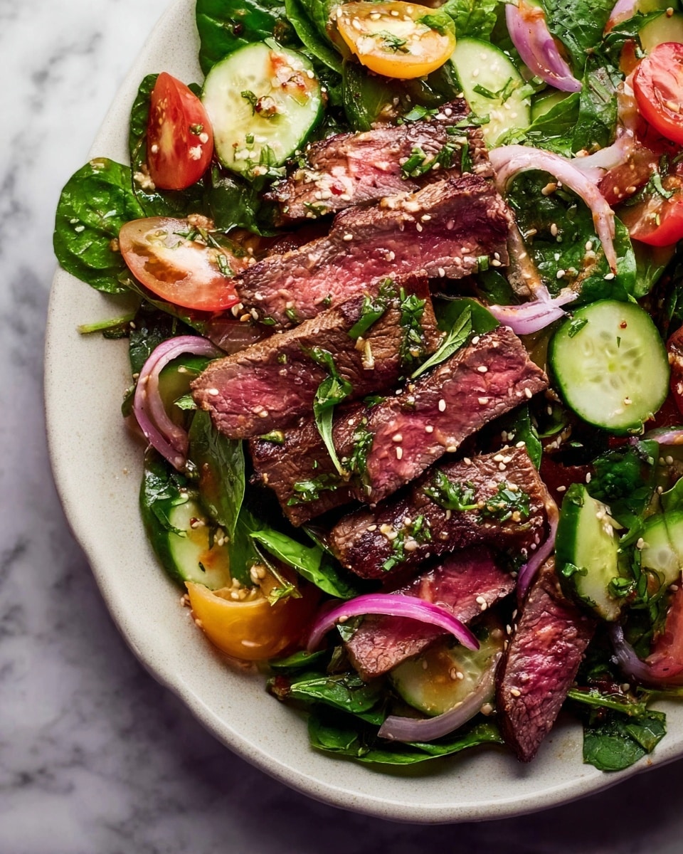 This image shows a white plate filled with a colorful salad layered with slices of medium-rare steak that have a pink center and brown edges. Underneath and mixed through the steak are green leafy spinach and fresh green cucumber slices, some with textured dark green skin. Bright red and yellow tomato wedges are scattered across the dish. Thinly sliced purple onion rings add a light touch on top. The salad is sprinkled with small white sesame seeds and chopped green herbs, giving it a fresh and slightly speckled look. The plate rests on a white marbled surface. photo taken with an iphone --ar 4:5 --v 7