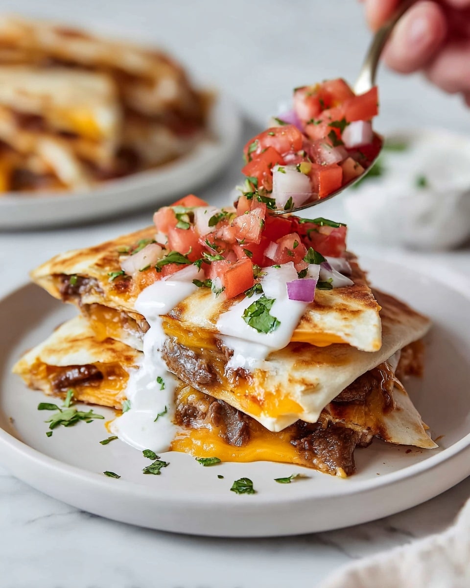 A white plate holds a quesadilla cut into four triangular pieces, stacked in two layers with melted golden cheese and dark brown cooked meat visible between the tortillas. The tortillas are toasted with light brown spots and slightly crispy edges. On top, a white creamy sauce is drizzled across the quesadilla, and a fresh salsa made of small red tomato pieces, white onion bits, and green cilantro leaves is piled in the center. The plate sits on a white marbled surface, with two blurred plates of similar quesadillas in the background. Photo taken with an iphone --ar 4:5 --v 7