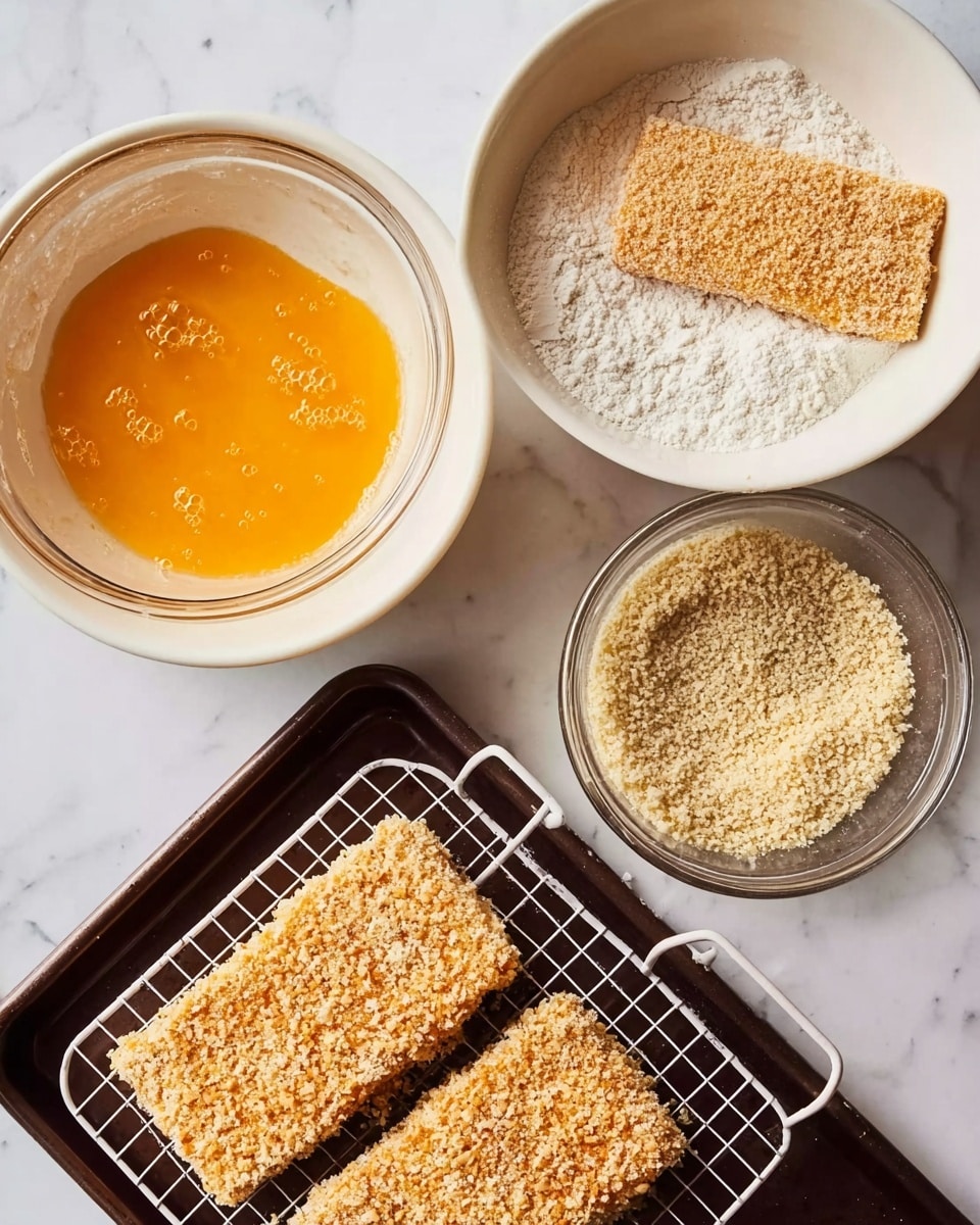 The image shows a step-by-step breading process for rectangular pieces of food. On the top right is a white bowl with flour, with one piece halfway covered in a light powdery layer. To the left, another white bowl holds an orange egg wash with a piece partially dipped in it, showing a wet and shiny texture. Below, a clear glass bowl contains coarse, beige breadcrumbs, with one piece resting inside and coated fully in crumbs. In the bottom left, a white wire rack on a dark tray holds a single piece fully breaded with a rough, crumb-covered surface. The setting is on a white marbled surface. Photo taken with an iphone --ar 4:5 --v 7