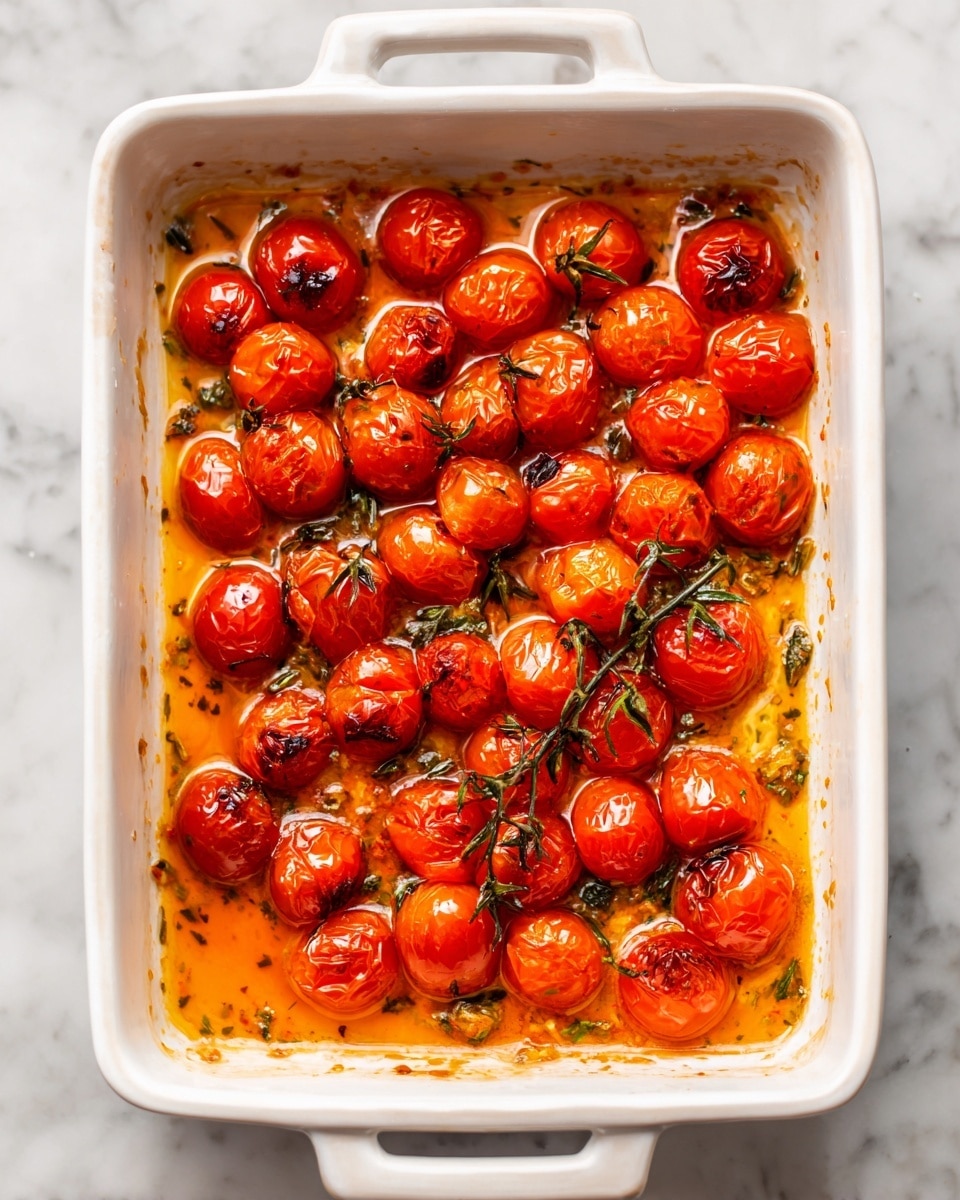 A white rectangular baking dish filled with one layer of small, vibrant red roasted cherry tomatoes. The tomatoes have a slightly wrinkled, shiny skin with some charred spots giving a roasted look. They rest on a thin, golden-orange sauce that looks oily and has bits of herbs and small chopped pieces evenly spread below and around the tomatoes. The dish is set on a white marbled surface, and the scene is clean and bright. Photo taken with an iphone --ar 4:5 --v 7