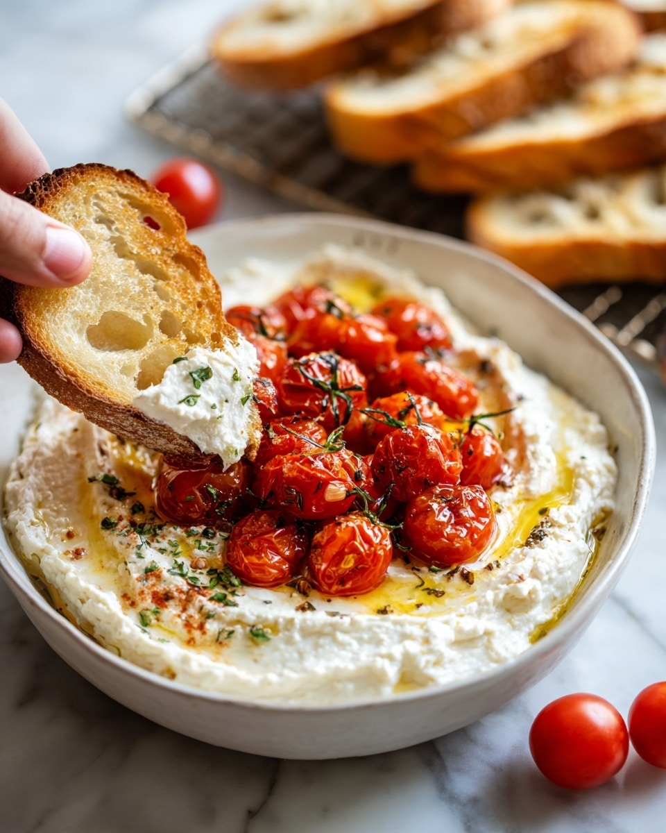 A white bowl filled with a creamy white cheese spread that has a smooth texture, topped with bright red roasted cherry tomatoes that shine with a light glaze. The tomatoes sit on top in clusters with small bits of herbs and a drizzle of golden oil on the cheese. A woman's hand is holding a toasted slice of bread with a crunchy golden crust and soft airy inside, scooping up the cheese and a cherry tomato. In the background, more toasted bread sits on a rack above a white marbled surface with two fresh cherry tomatoes placed on the side. Photo taken with an iphone --ar 4:5 --v 7