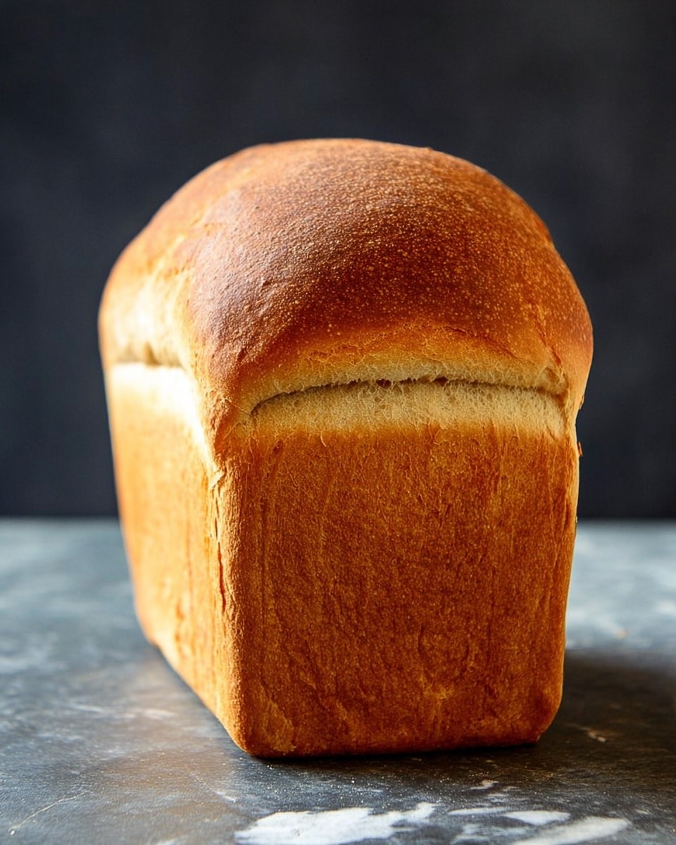 A single loaf of golden brown bread with a smooth, slightly cracked top crust and a soft, even-textured body is displayed standing upright on a dark slate surface that transitions to a white marbled texture. The loaf shows subtle variations in brown shades, with a lighter band running horizontally near the bottom, indicating a well-baked interior. The background is a simple gradient, dark at the top fading to lighter near the base, keeping the focus on the bread. photo taken with an iphone --ar 4:5 --v 7