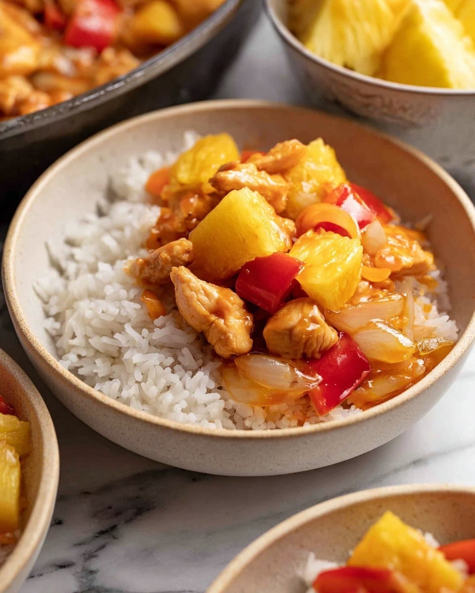 A bowl filled with a base layer of white rice topped with chunks of golden pineapple, bright red bell peppers, and tender pieces of cooked chicken mixed with caramelized onions all covered in a glossy orange sauce. The bowl is light beige and rests on a surface with a white marbled texture. In the background, there are parts of other similar bowls and a dish with fresh pineapple pieces visible. The photo is clear and close-up with soft natural lighting. photo taken with an iphone --ar 4:5 --v 7