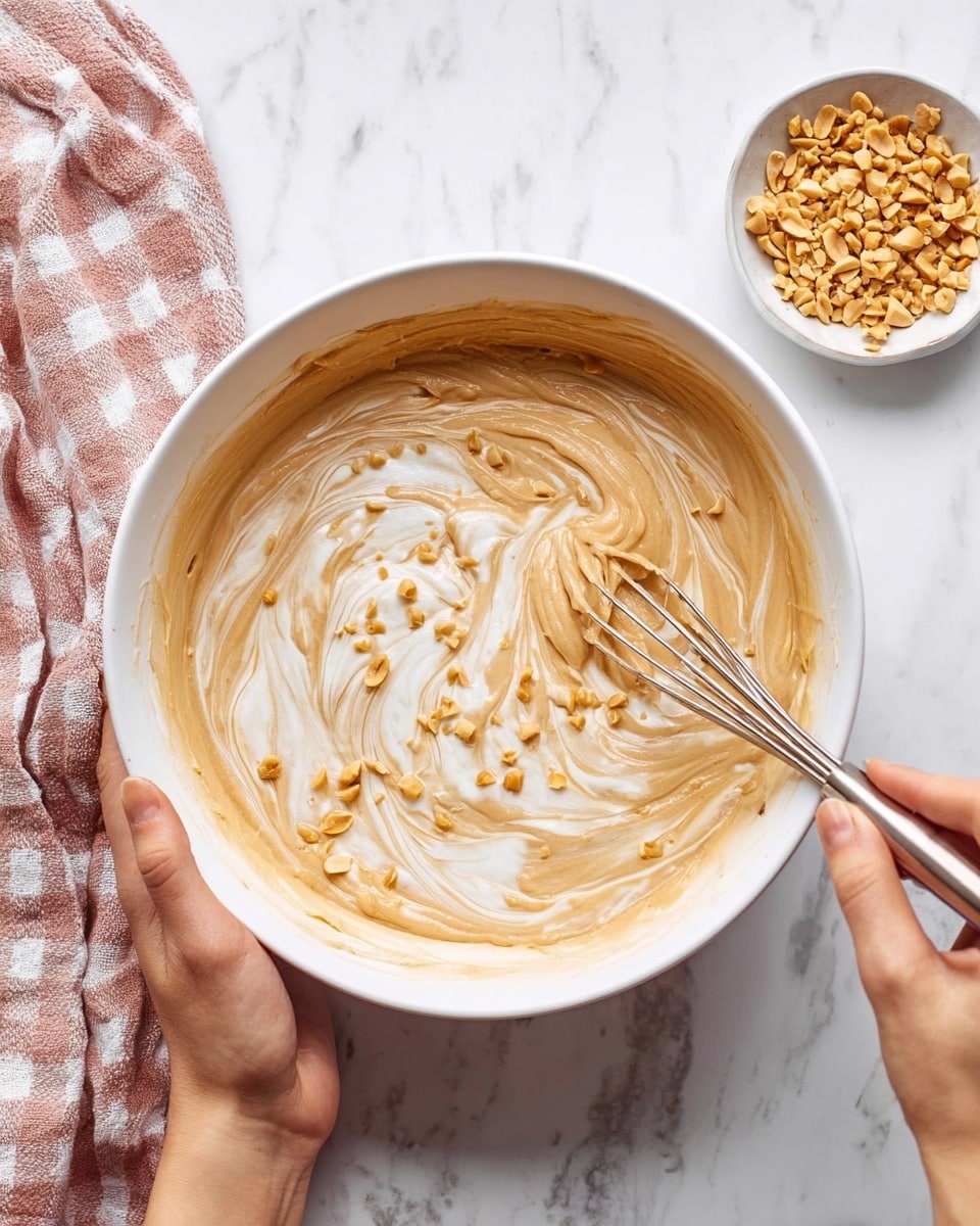 A large white bowl contains a creamy mixture with swirls of light tan and white colors, showing a smooth and thick texture with small bits of crushed peanuts scattered throughout. A woman's hand holds a silver whisk inside the bowl, stirring the mixture, while another woman's hand steadies the bowl from the side. Next to it on the white marbled surface is a small white bowl filled with crushed peanuts in shades of golden brown and light amber. A soft pink and white checked cloth lies partly visible on the left side of the frame. photo taken with an iphone --ar 4:5 --v 7