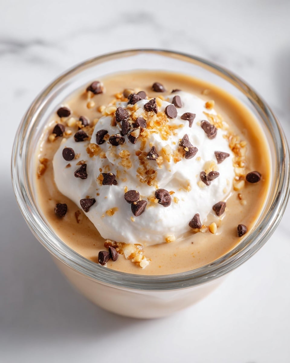 A small clear glass bowl holds a smooth light brown creamy base as the first layer. On top of this, a dollop of white whipped cream sits in the center. The whipped cream is sprinkled with small dark brown chocolate chips and light golden crushed nuts. The bowl is placed on a white marbled surface. photo taken with an iphone --ar 4:5 --v 7