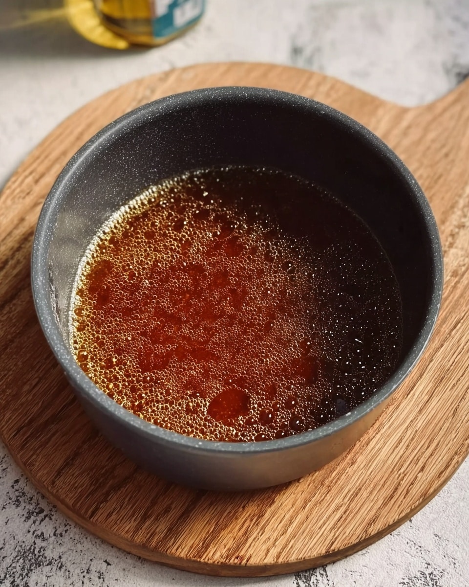 A close-up image of a dark gray pot filled with a bubbling amber liquid, likely caramel or syrup, showing small bubbles across the surface mainly clustered in the center, sitting on a round wooden trivet with a natural wood finish. The background features a white marbled texture surface with some blurred objects in the top left corner. photo taken with an iphone --ar 4:5 --v 7