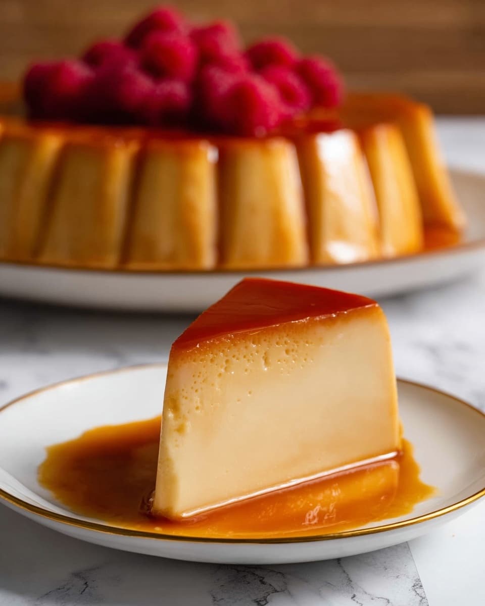 A single slice of smooth, creamy flan sits on a white plate with a thin golden rim, showcasing its light beige body topped with a shiny, rich amber caramel layer, slightly dripping down the sides. Behind the slice, the rest of the flan is visible on a white plate, shaped in a ring with evenly spaced rounded sections and a glossy caramel top. In the background, a bunch of fresh, bright red raspberries rests atop the whole flan. The scene is set on a white marbled surface, adding subtle texture to the warm, soft lighting. Photo taken with an iphone --ar 4:5 --v 7