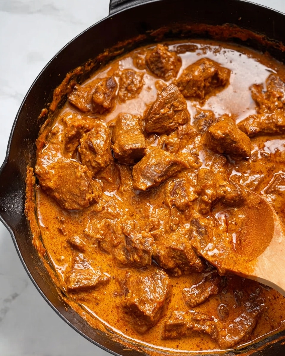 The image shows a close-up view of a cast iron skillet filled with a thick, orange-brown sauce with visible chunks of browned meat evenly coated and simmering in the rich sauce. A wooden spoon with some sauce on it is partially dipped on the right side of the skillet, lifting some of the meat. The sauce has a creamy texture with small variations in color and oil pooling slightly at the edges. The skillet sits on a white marbled surface. photo taken with an iphone --ar 4:5 --v 7