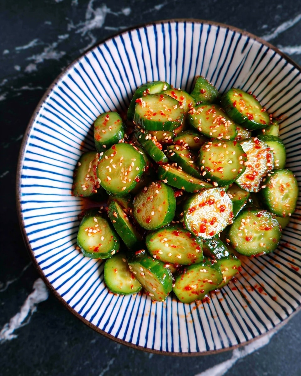 The image shows a bowl filled with small, round slices of green cucumbers, each coated lightly with a shiny red chili sauce and sprinkled with sesame seeds. The cucumber slices are fresh, with a bright green color outside and a pale green inside. The bowl is white with blue diagonal striped patterns inside, creating a nice contrast with the green cucumbers. The scene is set on a dark surface with a white marbled texture in the background. Photo taken with an iphone --ar 4:5 --v 7