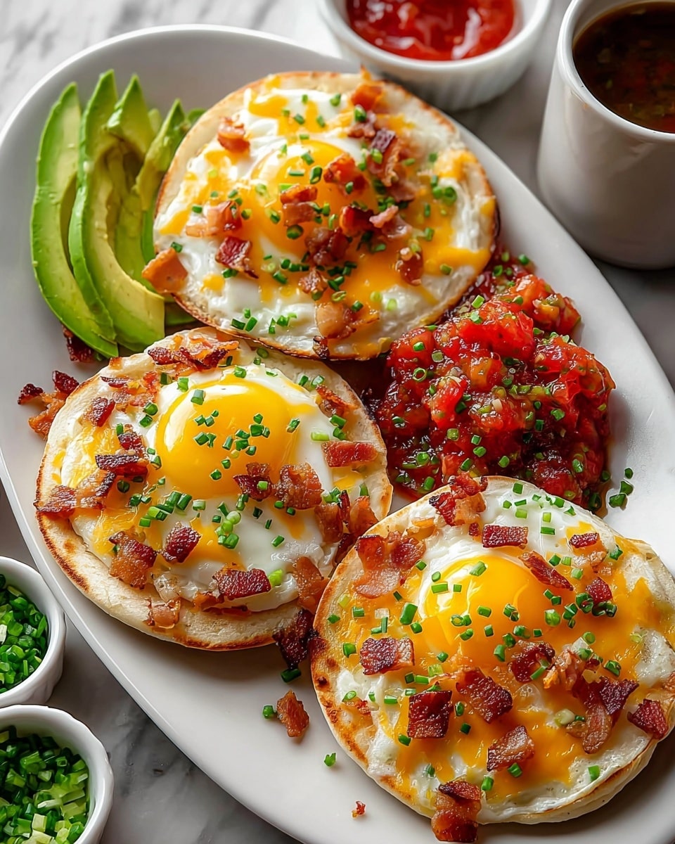 Three round toasted English muffins each have a sunny yellow fried egg in the center, topped with shredded melted yellow cheese, small crispy brown bacon pieces, finely chopped green chives, and tiny red tomato bits. The muffins are arranged on a white oval plate with two green avocado halves on the side sprinkled with chives, and a small heap of chunky red salsa. In the background, there are small white bowls with green chopped onions and red sauce, all set on a white marbled surface. photo taken with an iphone --ar 4:5 --v 7
