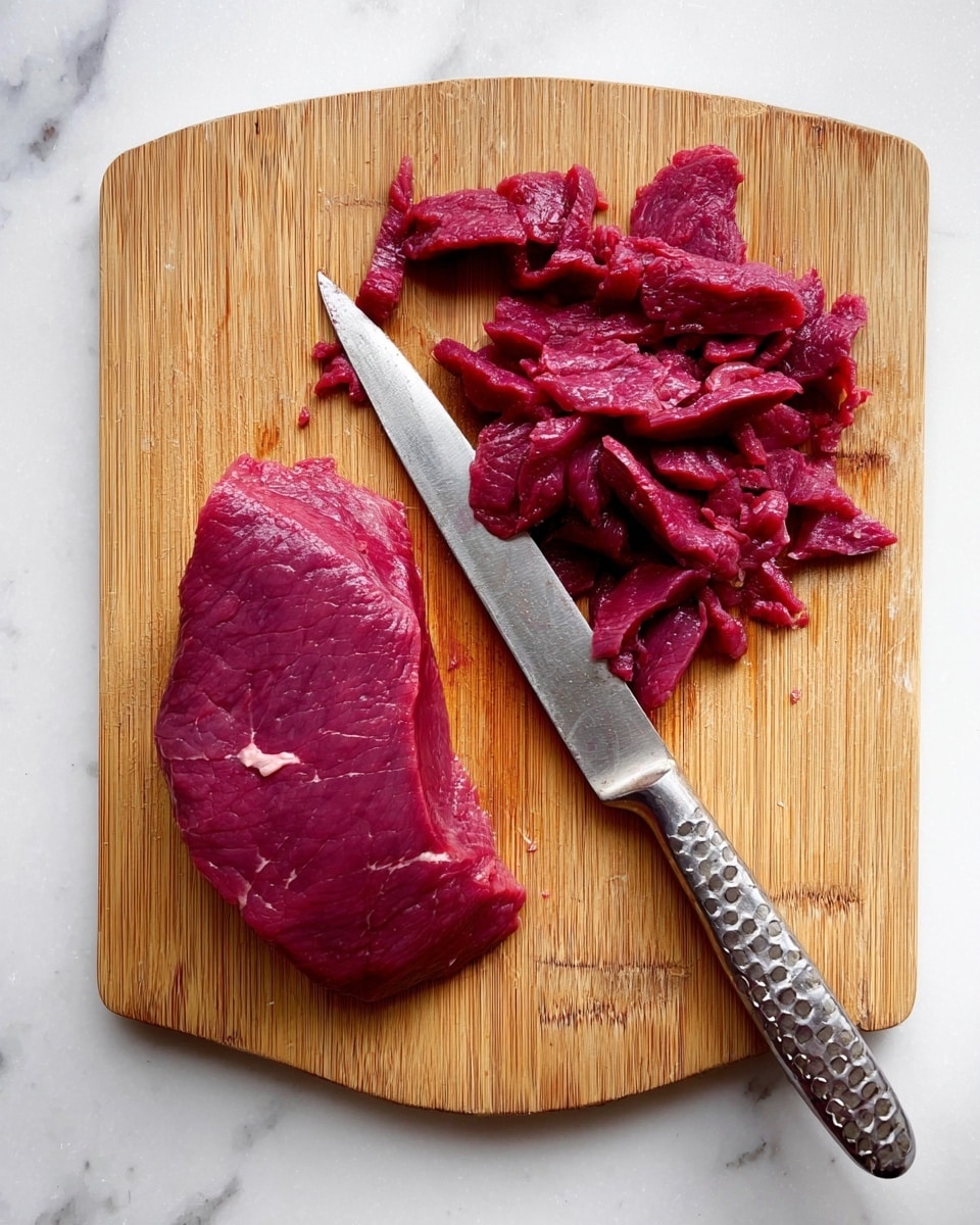 A wooden cutting board rests on a white marbled surface, featuring a large piece of raw red meat on the left side with a smooth texture and deep red color. To the right, there are thin, irregular strips of the same raw red meat piled loosely. A silver knife with a dotted handle lies diagonally across the board, its blade touching both the solid piece and the strips of meat. photo taken with an iphone --ar 4:5 --v 7
