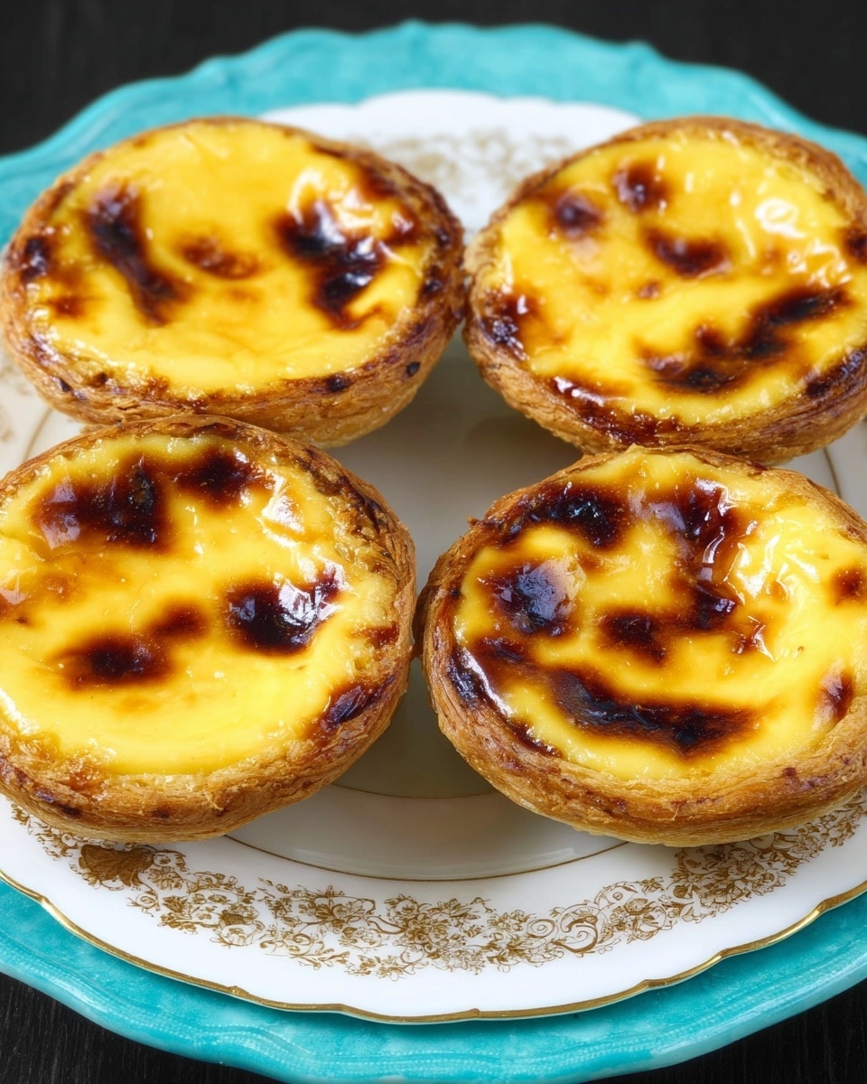 Four round egg tarts sit closely together on a white plate with gold decorations, the plate's inner surface is turquoise. Each tart has a flaky, golden-brown crust with a slightly uneven edge forming the base layer. The yellow custard filling is smooth and glossy with dark brown spots of caramelization scattered on the surface, creating a toasted effect. The tarts have a slightly puffed center and varied browning on top, showing a well-baked texture. The white marbled surface is mostly out of focus in the background. photo taken with an iphone --ar 4:5 --v 7