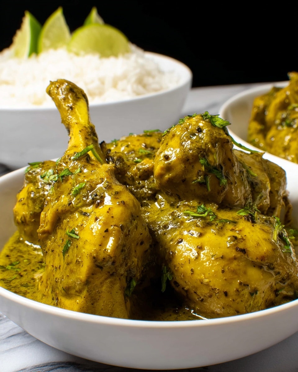 A white bowl filled with several pieces of chicken coated in a thick yellow-green sauce with visible specks of black and chopped green herbs scattered throughout; the chicken pieces have a glossy texture with some parts standing upright, showing their shape clearly; in the background, there is another white bowl with white rice and two small lime wedges on top, all placed on a white marbled surface with a dark background; photo taken with an iphone --ar 4:5 --v 7
