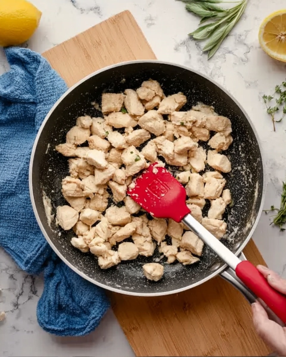A close-up image shows a white pan filled with small pieces of light beige cooked chicken scattered evenly inside. A red spatula with a silver handle is stirring the chicken, held by a woman's hand. The pan sits on a light wooden surface, and around it, a blue cloth and other small items like a yellow lemon and a white bowl with green leaves are partially visible. The background is a white marbled texture. photo taken with an iphone --ar 4:5 --v 7