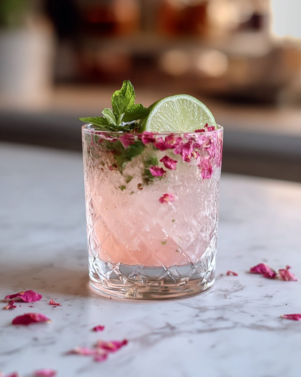 A clear, short glass with a diamond pattern holds a light pink drink filled with ice cubes. Inside the drink, there are small mint leaves and scattered pink flower petals. The top layer is decorated with more pink flower petals and a green mint sprig. A fresh lime slice is placed on the rim of the glass. The glass sits on a white marbled surface with a few pink petals scattered around. The background is softly blurred, showing hints of a warm, indoor setting. photo taken with an iphone --ar 4:5 --v 7