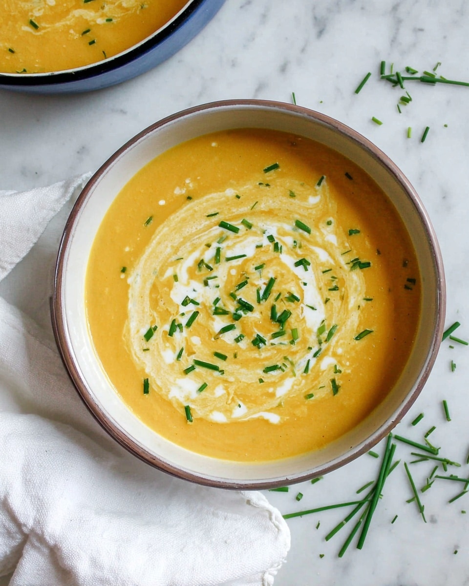 A creamy yellow soup fills a round white bowl, topped with a swirl of white cream and sprinkled with chopped green chives and delicate dill sprigs. A gold spoon rests inside the bowl on the left side, partially dipped into the smooth soup. The bowl sits on a white marbled surface with bits of green herbs scattered around. The texture of the soup looks soft and thick, with slight ripples from the cream swirl. photo taken with an iphone --ar 4:5 --v 7