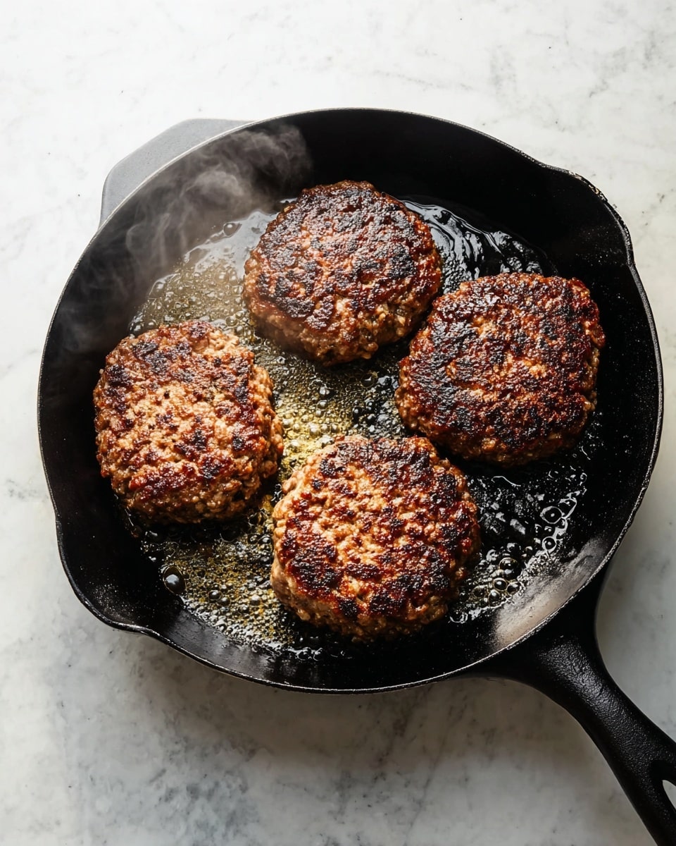 Four browned burger patties cooking in a black cast iron skillet, each patty showing a rough textured surface with crispy edges and a mix of dark and light brown colors. The skillet is round with a handle on the right side, and some oil bubbles around the patties. The skillet sits on a white marbled surface. Steam rises slightly from the patties, indicating they are hot. photo taken with an iphone --ar 4:5 --v 7