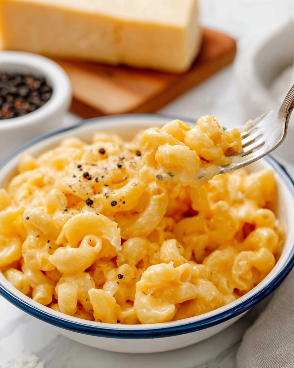 A close-up image of creamy macaroni and cheese in a white bowl with a blue rim, showing one layer of elbow macaroni pasta coated in smooth, yellow-orange cheesy sauce. A silver fork lifts a bite of macaroni from the bowl, with small bits of black pepper sprinkled on top of the cheesy pasta. In the background, there is a large block of light beige cheese on a wooden cutting board and a white bowl filled with black peppercorns, all set on a white marbled surface. Photo taken with an iphone --ar 4:5 --v 7