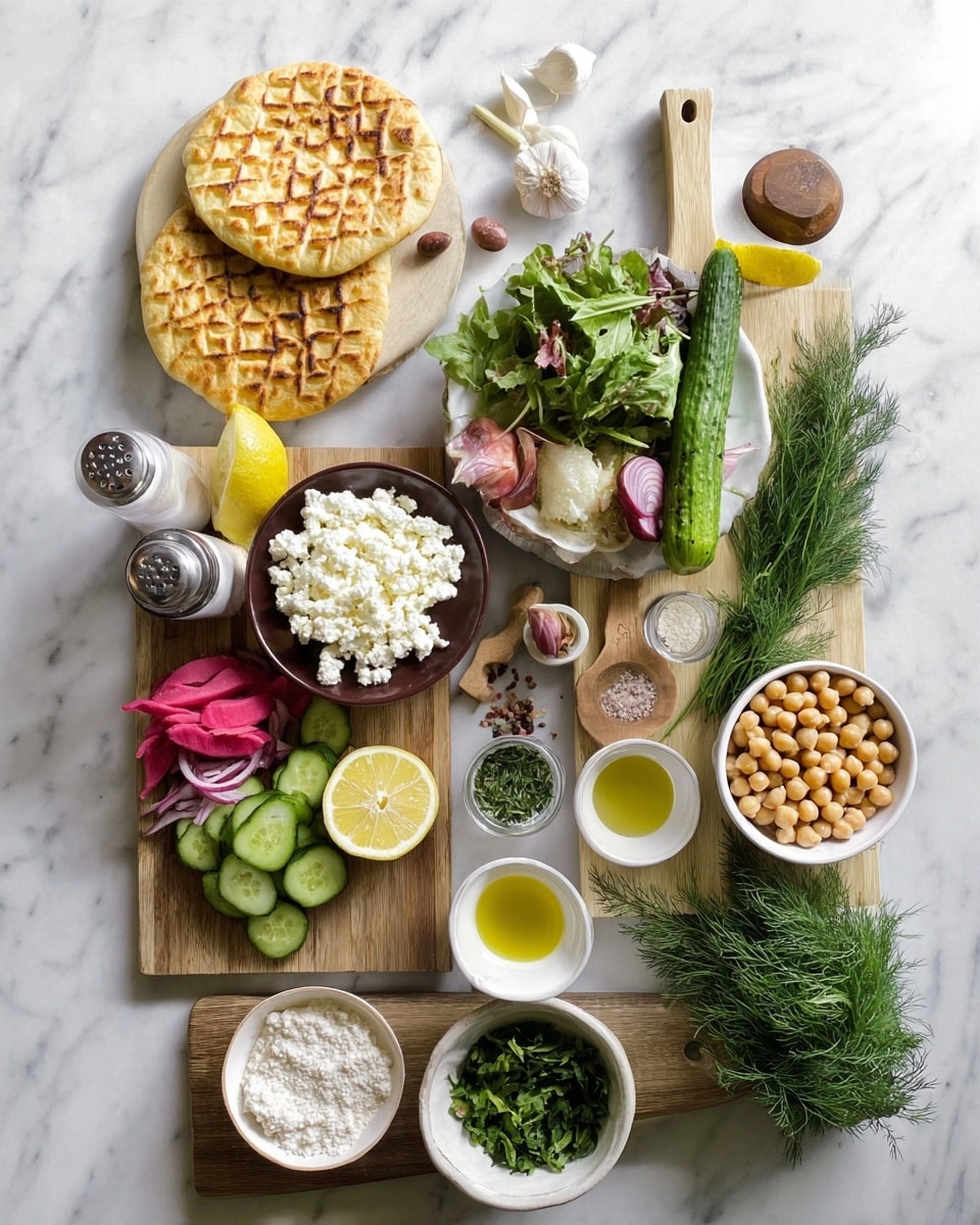 The image shows a bright arrangement of food ingredients on a white marbled surface. On the left, three round, golden flatbreads with a crisscross pattern are stacked on a wooden board. Below them, another wooden board holds a white bowl of crumbly white cheese, a small brown bowl of glossy red grape tomatoes, vibrant mixed greens with some red leaves, and a small pile of pink pickled vegetables. In the center, a larger wooden board contains a whole cucumber sliced in two pieces, two lemon wedges, a small bunch of dill, a small clear bowl of olive oil, a bulb of garlic, salt and pepper shakers, and a small purple onion. To the right, a white bowl of beige chickpeas sits beside two small white bowls filled with different fresh green herbs. Below them are a small cup of olive oil, a wooden spoon with white salt, a wooden bowl filled with colorful ground spices, and a small wooden scoop of flour. Everything is neatly placed, showing fresh and natural textures and colors, photo taken with an iphone --ar 4:5 --v 7
