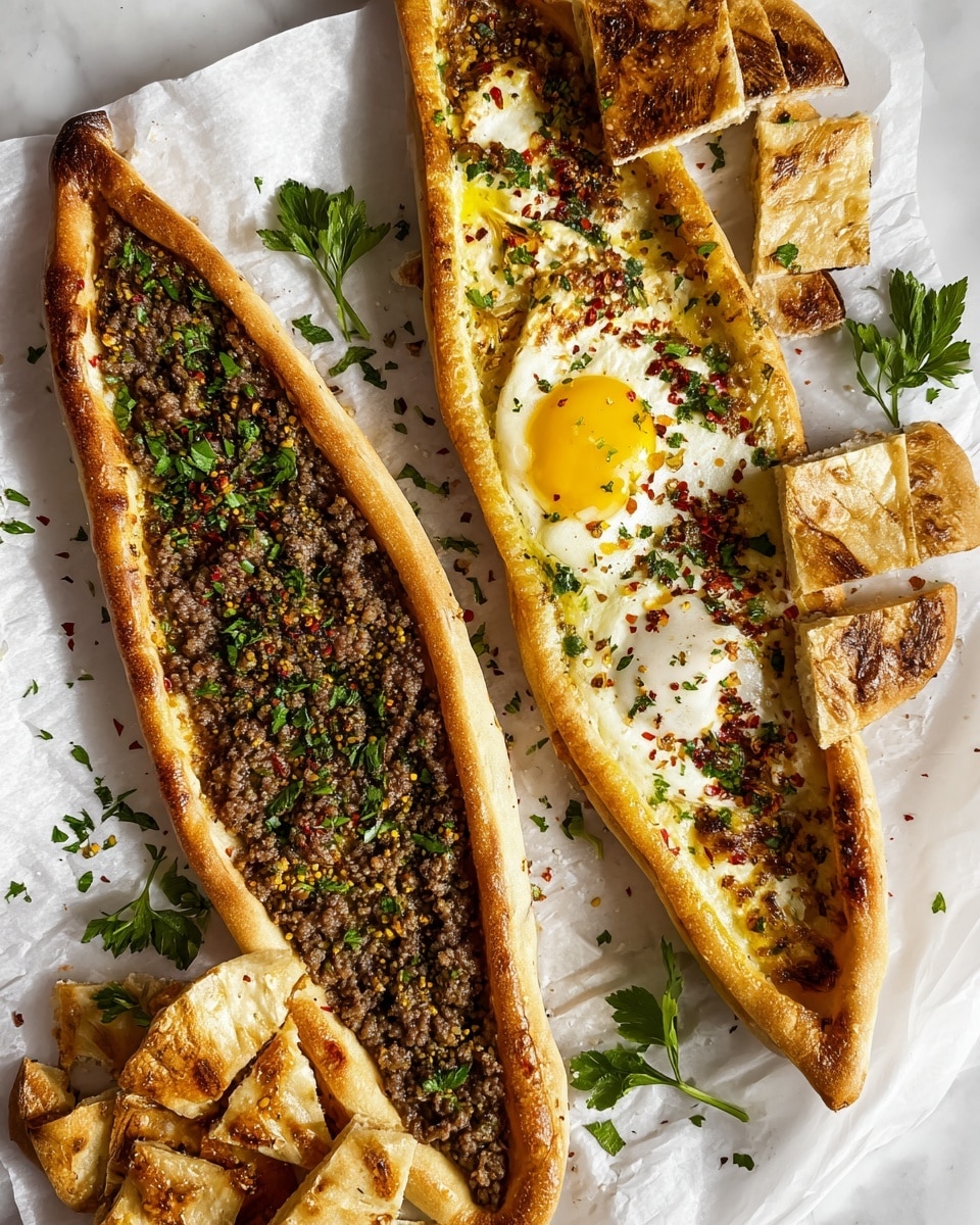 Two boat-shaped flatbreads with a golden crust lie on white parchment paper on a white marbled surface. The left flatbread is filled with a dense, brown minced meat mixture speckled with herbs, while the right flatbread is topped with a white cheese layer and a single bright yellow egg yolk in the center, sprinkled with green herbs and red spices. Around the boat breads, rectangular slices of both flatbreads show the fillings clearly, arranged randomly with some fresh green parsley leaves scattered for garnish. Photo taken with an iphone --ar 4:5 --v 7