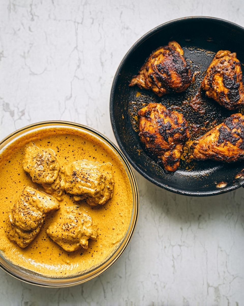 The image shows two main elements side by side on a white marbled surface: on the left, a clear glass bowl filled with four pieces of chicken coated in a thick, creamy, orange-yellow sauce speckled with black pepper; on the right, a black frying pan containing four browned, cooked chicken pieces with dark charred spots and visible oil around them. The contrast between the raw sauce-covered chicken and the cooked, seared chicken is clear, with the marbled background gently highlighting both. photo taken with an iphone --ar 4:5 --v 7