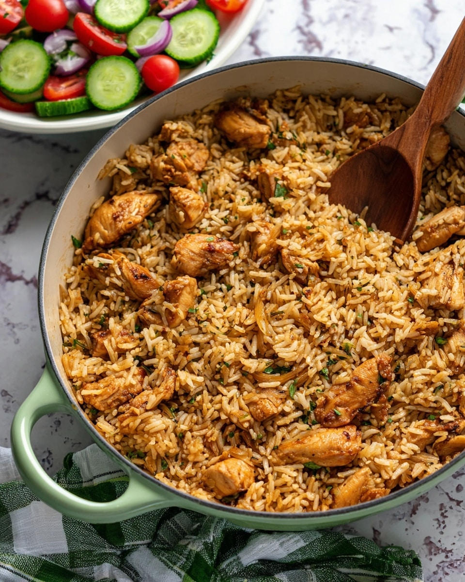 A close-up view of a pan filled with cooked rice and several pieces of golden brown chicken placed evenly on top. The rice is a warm orange color with a slightly oily texture, mixed with small pieces of caramelized onions scattered throughout. The pan is light gray with a white marbled surface visible under it, and a wooden spoon is partially shown stirring the food on the left side, held by a woman's hand. The overall image shows a rich, hearty meal with a mix of soft and crispy textures, the food looking well-seasoned and juicy photo taken with an iphone --ar 4:5 --v 7