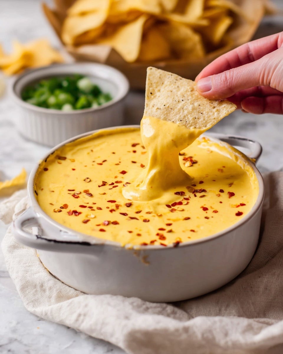 A creamy, thick, yellow cheese dip fills a white bowl with handles, topped with small red chili flakes scattered on the surface. A woman's hand is dipping a triangular, light beige tortilla chip into the dip, lifting it with the cheese stretching off the chip. The bowl rests on a light cloth over a white marbled surface. In the background, there is a small white bowl with chopped green ingredients and more tortilla chips that are blurred. Photo taken with an iphone --ar 4:5 --v 7