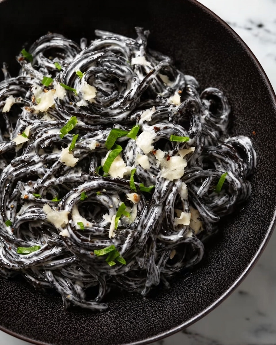 A close-up of a black bowl filled with black pasta, each noodle coated in a creamy white sauce with small bits of grated cheese. There are small green herb leaves sprinkled on top, adding a touch of color. The bowl sits on a white marbled surface, creating a clean and elegant background. photo taken with an iphone --ar 4:5 --v 7