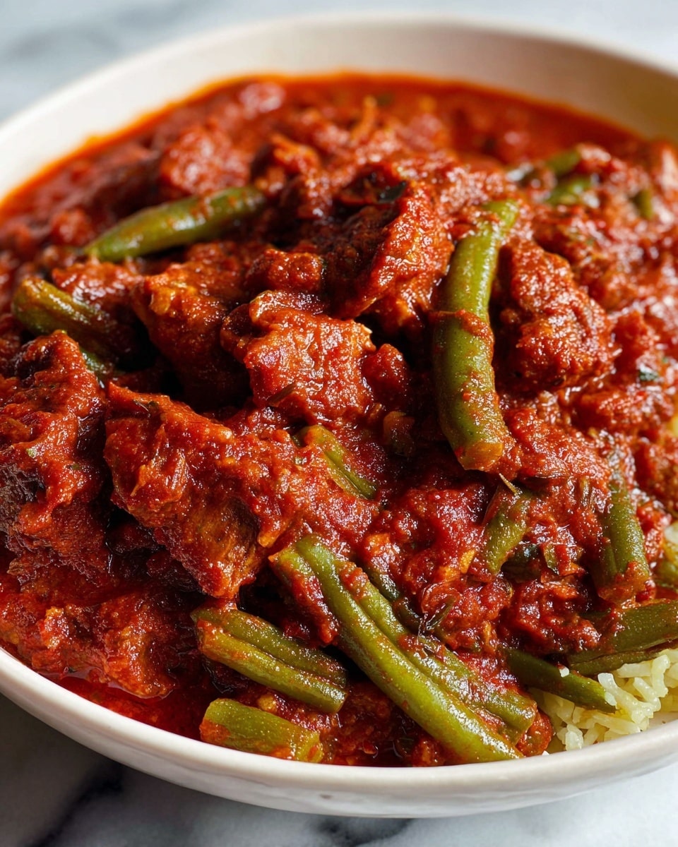 The dish shows a close-up of a thick red tomato sauce with chunks of tender meat and whole green beans mixed in. The sauce looks rich and textured, with small bits of onion visible throughout. The dish is in a white bowl, sitting on a white marbled surface. At the edge of the image, some light-colored grains or rice are partially visible under the sauce. The colors are vibrant, with the red sauce dominating and the green beans adding contrast. photo taken with an iphone --ar 4:5 --v 7