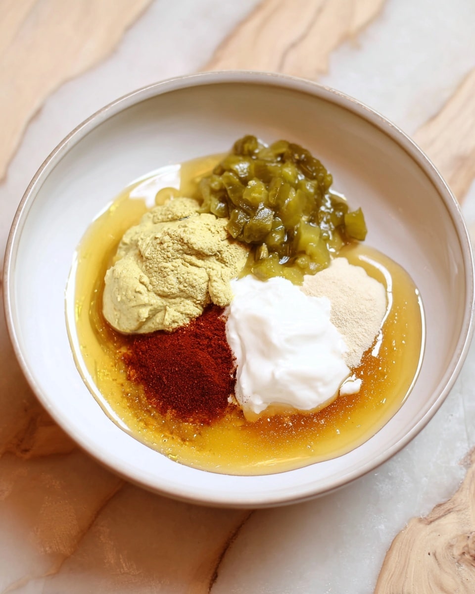 The image shows a white bowl on a white marbled surface with six different sauce ingredients placed separately inside. In the top left, there is a small pile of chopped green pickles. To the right of the pickles, there is a dollop of thick white cream. Below the cream, there is a light yellow powder next to a darker red powder. On the left side, there is a large scoop of mustard with a yellowish-green color and a slightly grainy texture. At the bottom of the bowl, there is a pool of golden honey or syrup that spreads around all the ingredients, creating a shiny surface. Photo taken with an iphone --ar 4:5 --v 7