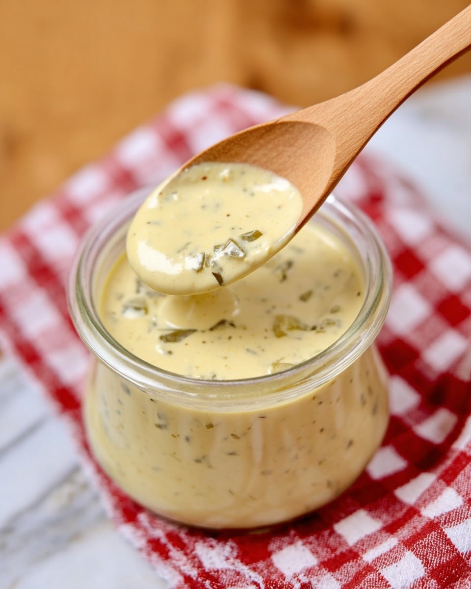 The image shows a clear glass container filled with a creamy, thick sauce that is light yellow with small green chunks mixed throughout. A wooden spoon is dipped into the sauce, holding some that appears smooth with a slightly speckled texture. The container sits on a red and white checkered cloth atop a white marbled surface, and the background is blurry with warm tones. Photo taken with an iphone --ar 4:5 --v 7