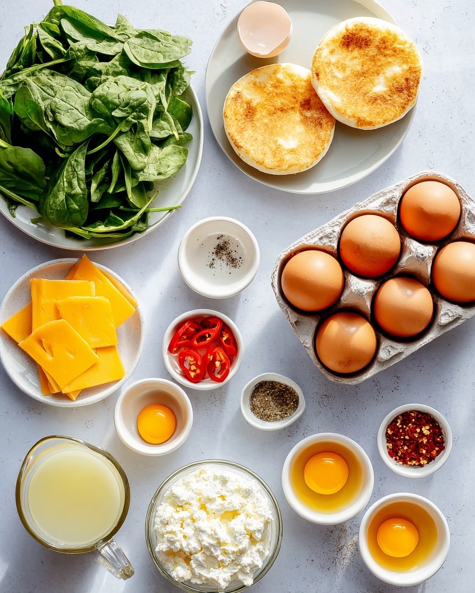 A flat lay image shows several breakfast ingredients arranged on a white marbled surface. There is a plate of fresh green spinach leaves on the top left and a plate with three slices of yellow cheddar cheese below it. Near the center is a carton holding six brown eggs, with three toasted white English muffins scattered around the edges. To the right of the eggs are small white bowls containing seasonings like salt, pepper, and garlic powder, as well as two cracked eggs in a bowl. Below these are small white bowls with roasted red pepper strips, red chili flakes, and a bowl of white cottage cheese. At the bottom left, a glass measuring cup holds a light yellow liquid. The overall look is fresh and bright, with a clean and organized layout photo taken with an iphone --ar 4:5 --v 7