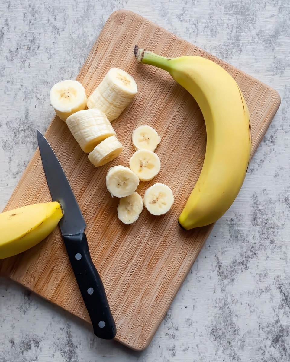 The image shows a light wood cutting board with three yellow bananas on it, two whole and one partially sliced into round pieces. The slices are stacked slightly in a curve near the edge of the board. A black-handled knife is placed diagonally on the board with its blade next to the sliced banana pieces. The background surface is a white marbled texture. Photo taken with an iphone --ar 4:5 --v 7