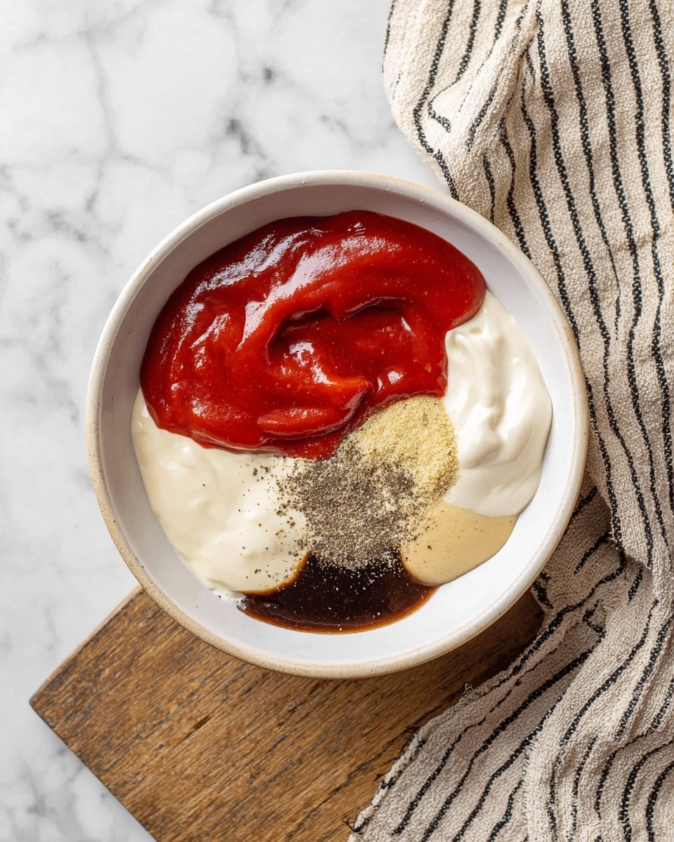 A white bowl with a marble pattern holds five layers of ingredients before mixing: a big red layer of ketchup on the top left, a thick white layer of mayonnaise underneath that spreads along the bottom half, a dark brown layer of soy sauce near the top right edge, a light yellow layer of garlic powder below the soy sauce, and a dark speckled layer of black pepper sitting between the ketchup and garlic powder. The bowl is placed on a white marbled surface with a beige and black striped cloth partially shown on the right side. photo taken with an iphone --ar 4:5 --v 7
