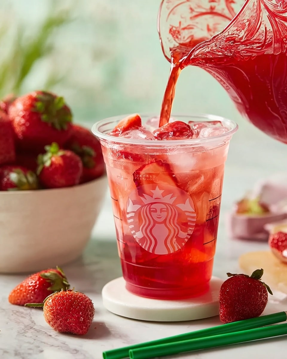 A clear plastic Starbucks cup filled with ice and thin slices of red strawberries is being poured with a bright red liquid from a tall red patterned pitcher. The cup sits on a small white round coaster on a white marbled surface. Behind the cup, there is a white bowl full of fresh whole strawberries with green leaves, and a few whole strawberries are scattered around the cup on the surface. Two green straws lie parallel near the cup, and the background is softly blurred with light and green tones. photo taken with an iphone --ar 4:5 --v 7
